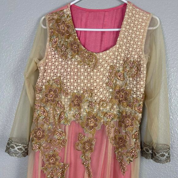 Approx M Pink Gold Embroidered Flowers Floral Anarkali Saree Gown Dress Layered - Picture 2 of 9